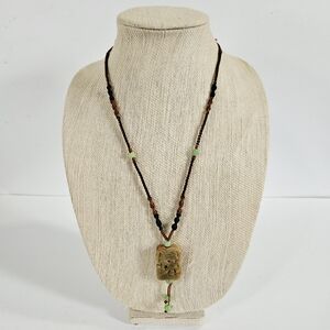 Vintage Chinese Carved Jade Jadeite Silk Adjustable Cord Beaded Pendant Necklace